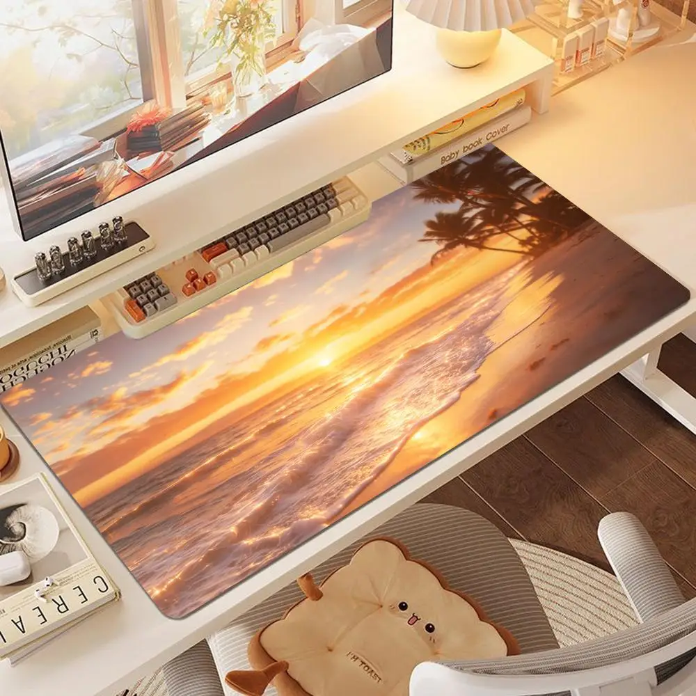 Sunset Coconut Palm Beach Large Gaming Mouse Pad , Tropical Ocean Wave Landscape Non-Slip Stitched Edge Desk Mat