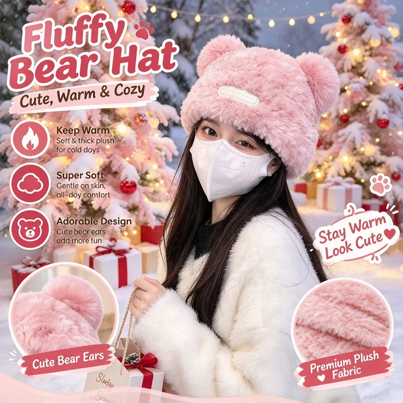 Cute Bear Hat for Women Winter Knit Beanie with Thick Chunky Ribbed Crochet Fleece Lining Warm Cozy Headwear Cold Weather Gift