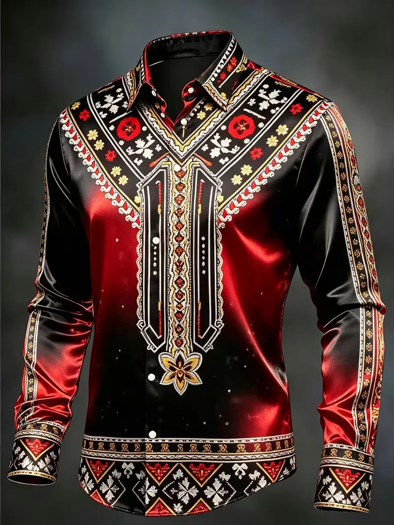 New men's retro ancient world map full of 3D printed patterns long sleeved shirt with hanging collar top clothing view 2