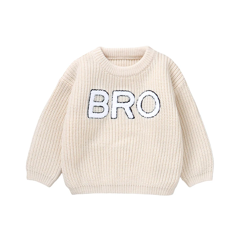 Toddler Boy Fall Sweater Letter Embroidery Long Sleeve Round Neck Chunky Knitwear Pullover