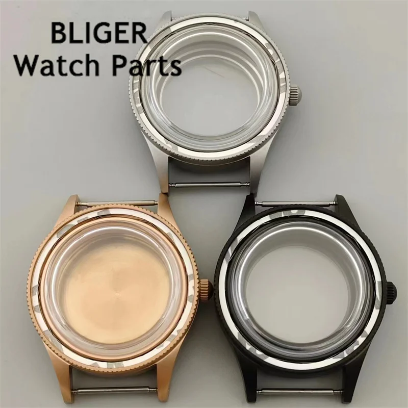 BLIGER 40mm Domed Sapphire Glass Silver Black Rose Gold Retro Diver Case Sandblast Case Fit NH35 NH36 ETA2824 PT5000 Movement