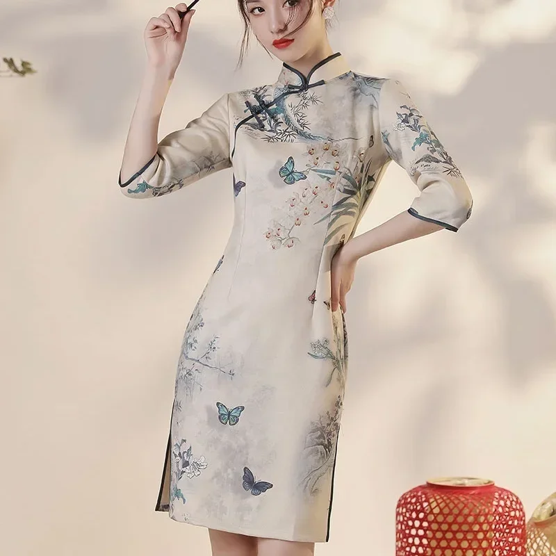 2024 Cheongsam Chinese Dress Vintage Floral Print Women Traditional Qipao Long Robe Short Sleeve Party Dresses MN12