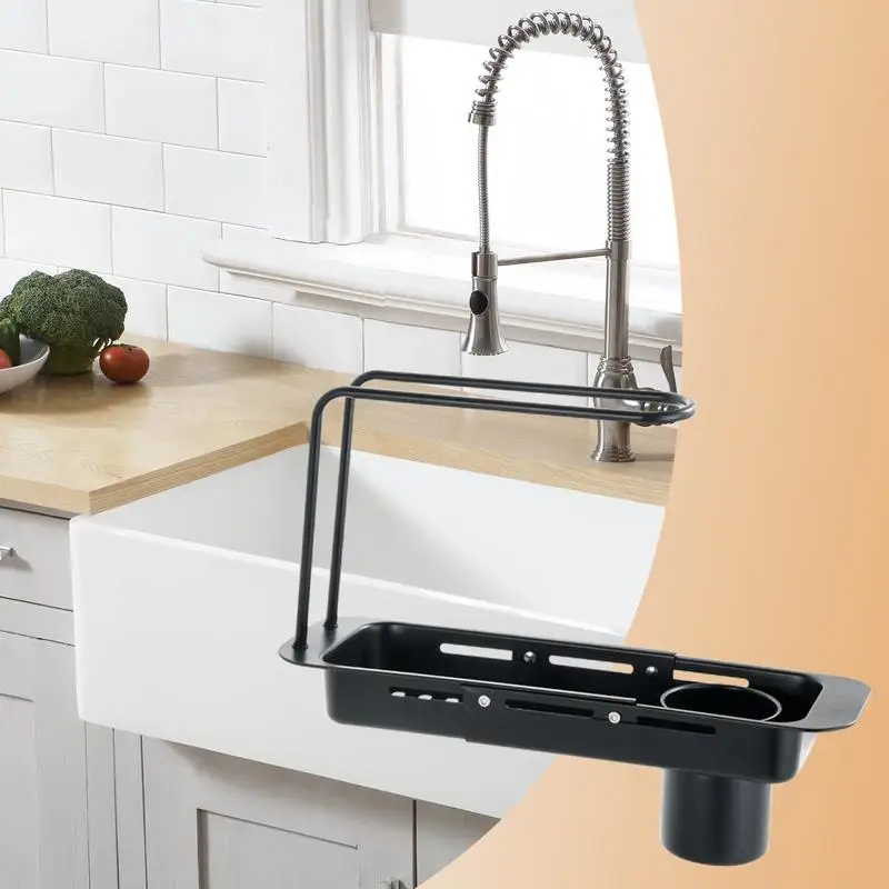 Retractable Kitchen Sink Basket Expandable Slim Drying Sink Rack Adjustable Length Colander Rack Sponge Holder For Home Kitchen