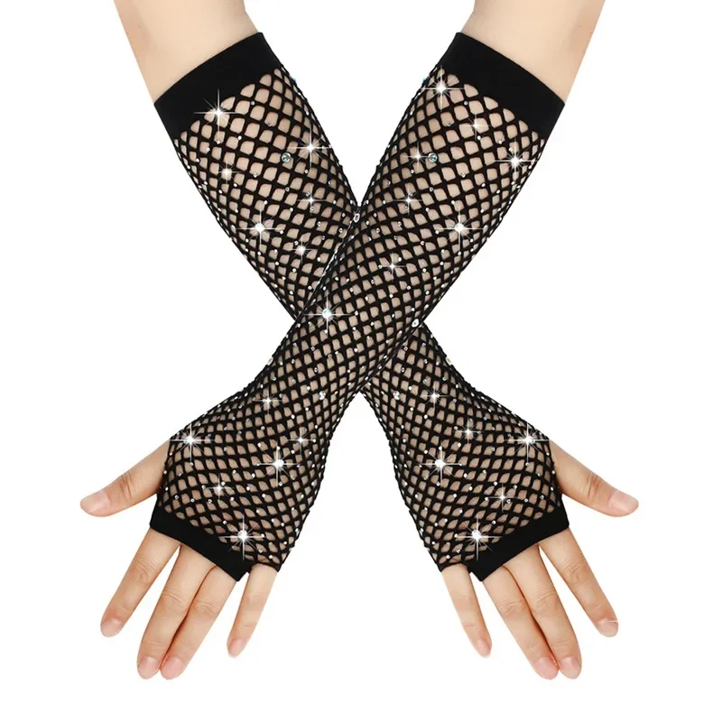 

1 Pair Black Girl Women Long Fishnet Net Gloves Shiny Rhinestone Fingerless Mesh Punk Rock Night Club Sexy Mittens Wholesale