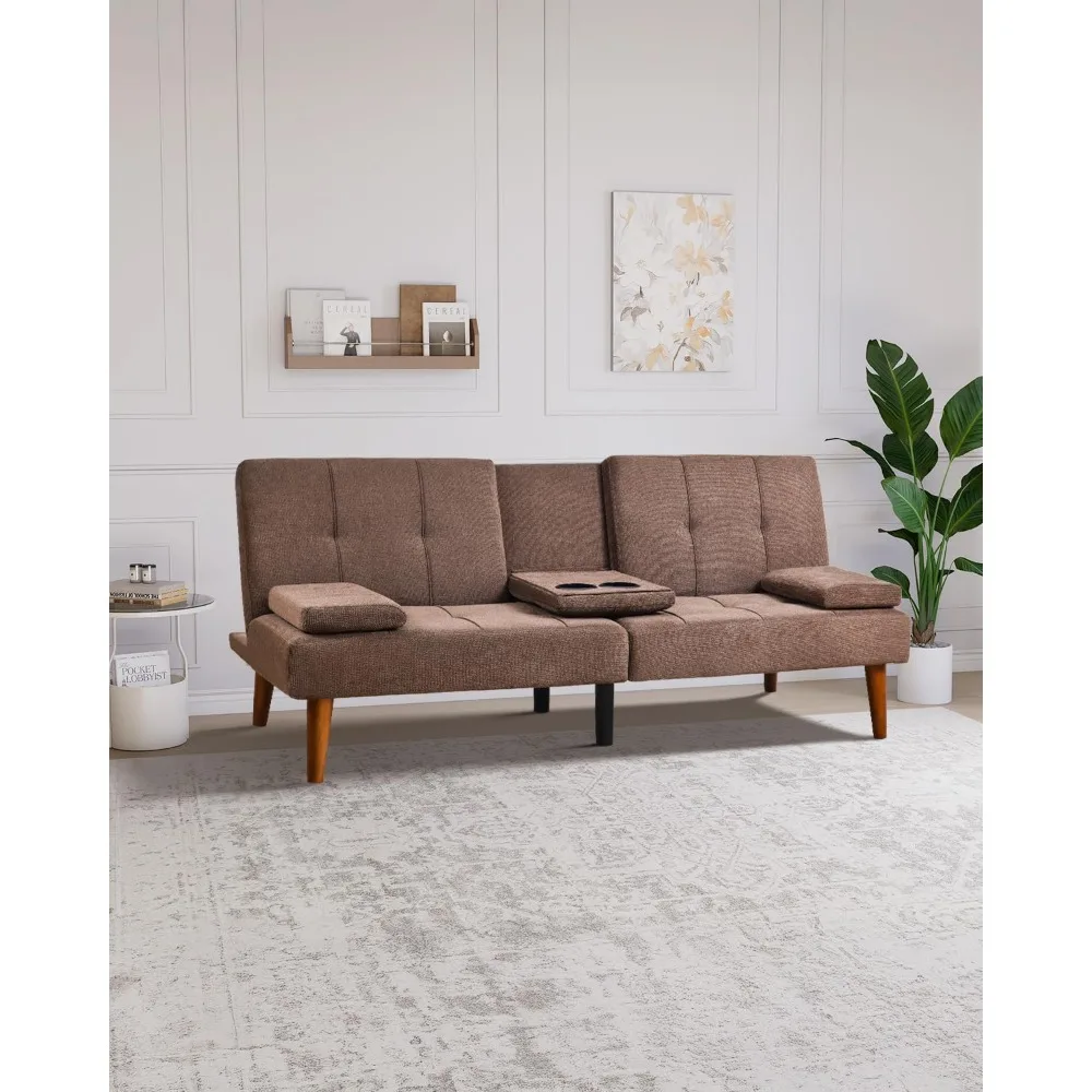 Sofá cama convertible de tela de 65 pulgadas con portavasos dobles, patas de madera, cómodo sofá cama para sala de estar