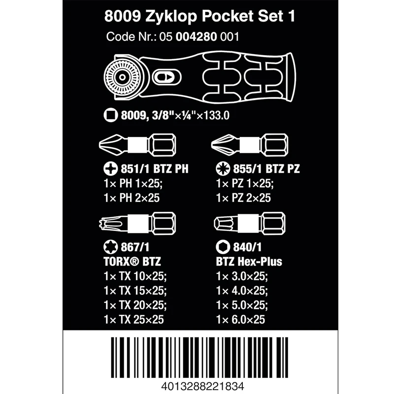 Wera 05004280001 8009 Zyklop Pocket Set 1 Ratchet Screwdriver Set 13 Pieces