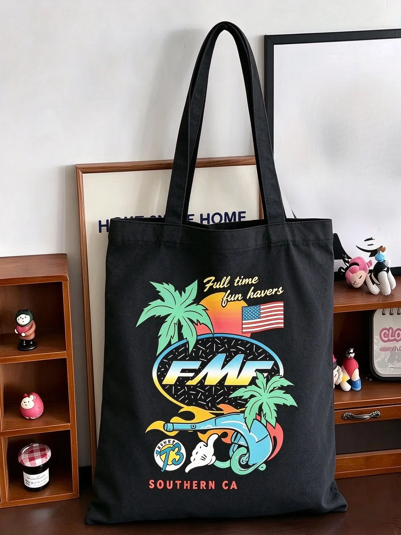2026 Canvas Tote Bag Retro Southern CA Palm Tree Skateboard Print Shoulder Handbag Casual Reusable Shopping Bag