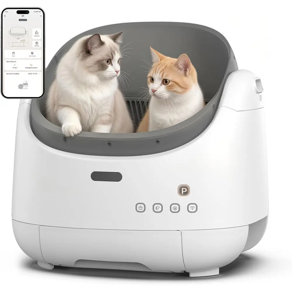 

App-Controlled Open-Top Automatic Litter Box for Large or Multiple Cats with Safety Sensor, Odor Control, and Easy Cleaning