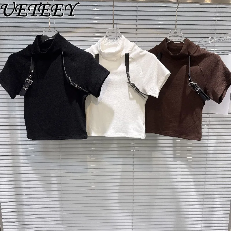 

Spring and Autumn New Fashionable Hot Girl Belt Buckle Design Solid Color Top Versatile Half High Collar Short Sleeve T-Shirt