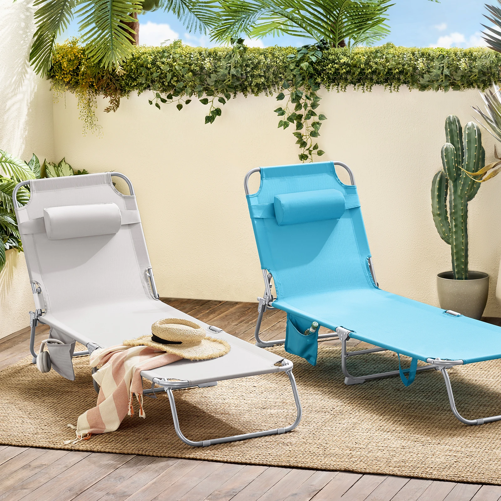 SoBuy OGS35 onnenliege klappbar Gartenliege Liegestuhl klappbar mit Kopfkissen & Seitentasche für Gartenmöbel 155x56x81cm – Detail 14