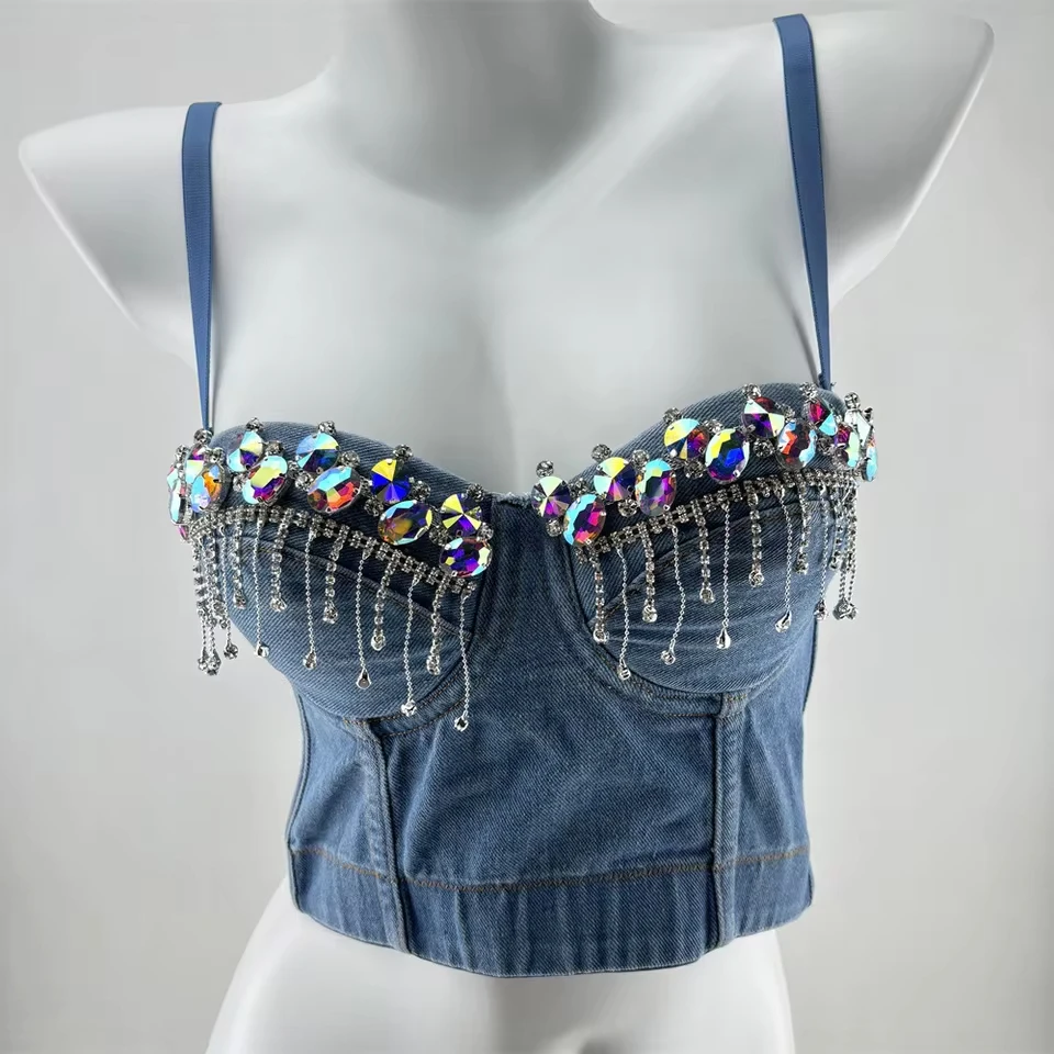 Cowboy Chain Beaded Tassel Bustier Female Spicy Girl Waist Thin Halter Undershirt Nightclub Stage Sexy Tops