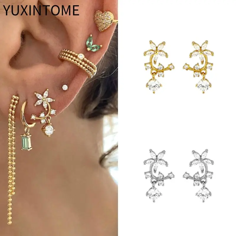 

925 Sterling Silver Needle Luxury flower Stud Earrings For Women Geometry Crystal Piercing Earrings Fashion Jewelry Gifts