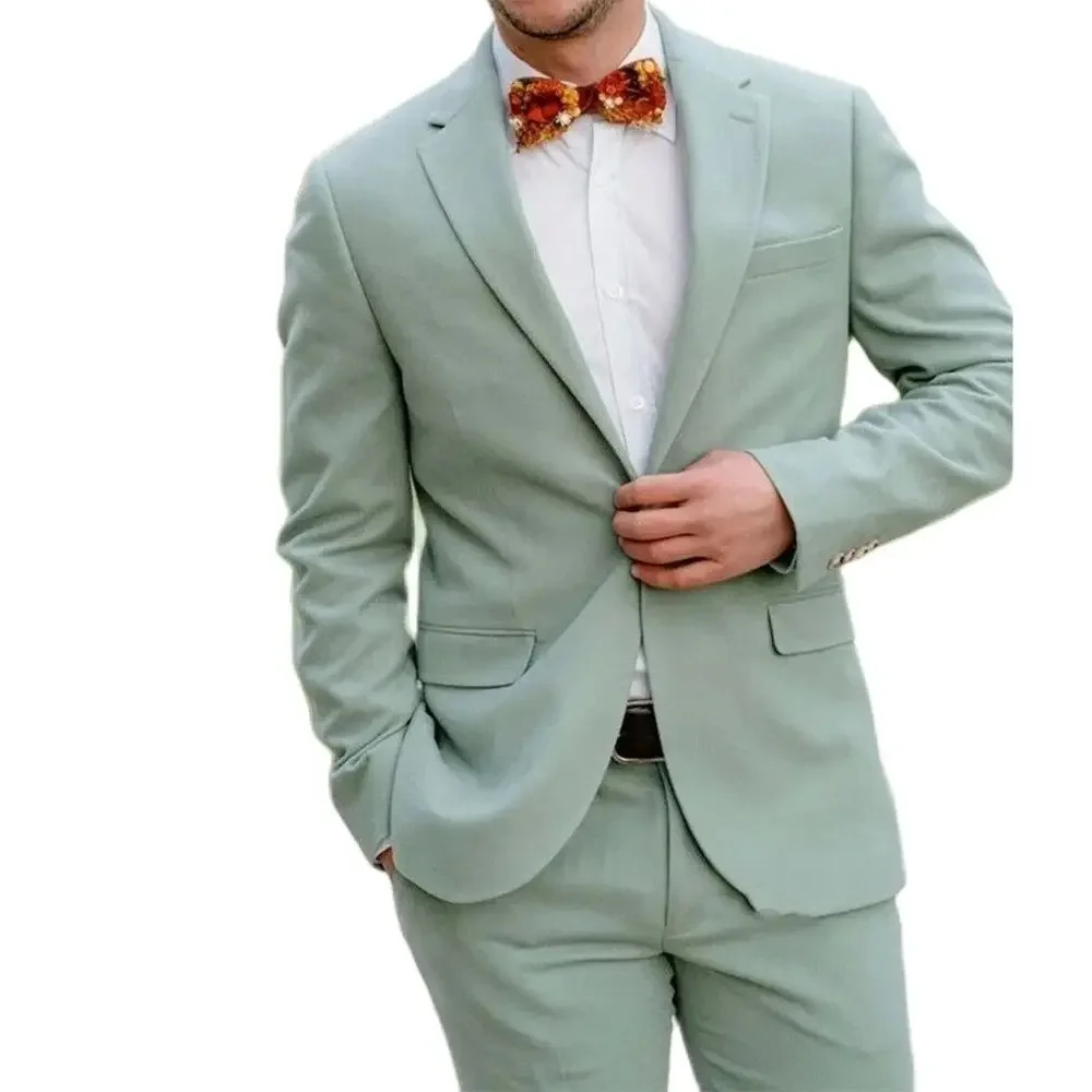 

Mint Green Men's Suits Single Breasted Notched Lapel Formal Wedding 2 Piece Jacket Pants Slim Fit Costume Hombres Elegant Outfit