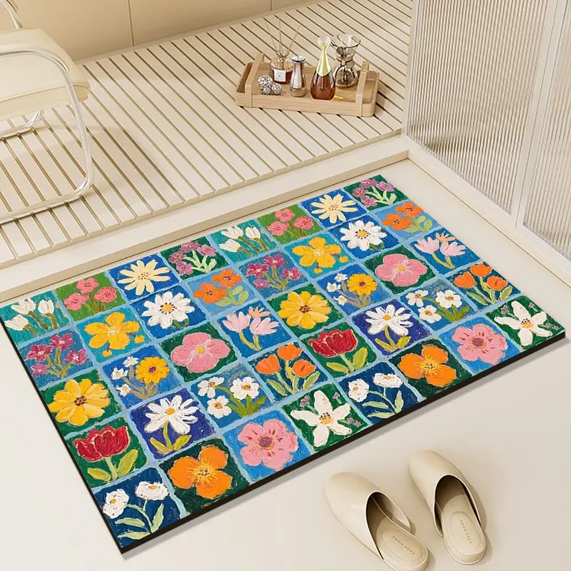 VIKAMA Checkered Floral Bathroom Mat Absorbent Non Slip Diatomaceous Earth Door Rug Home Decor