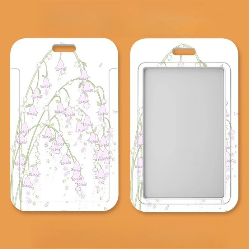 Purple Ins Style Floral Student Campus Lanyard Cards Holder Keychain Photo Sleeves Bank Business Work Card Holder for Kids Gift