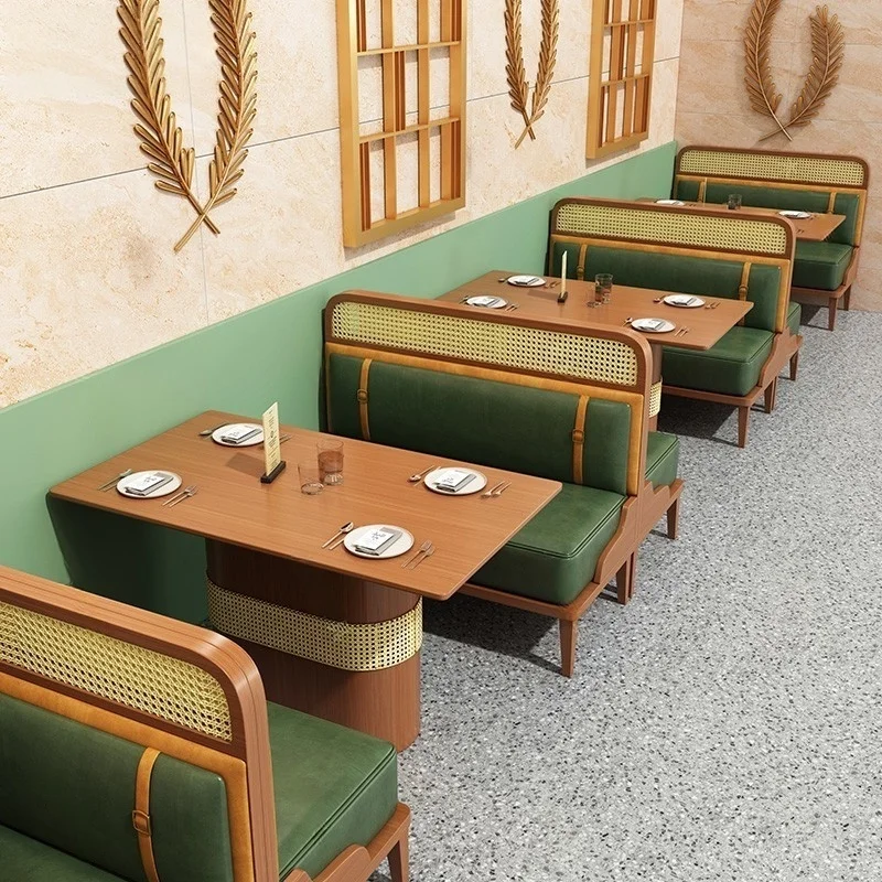 Rattan Backrest Solid Wood Semi-circular Booth Sofa Custom-made Dining Table and Chair Set for Restaurants