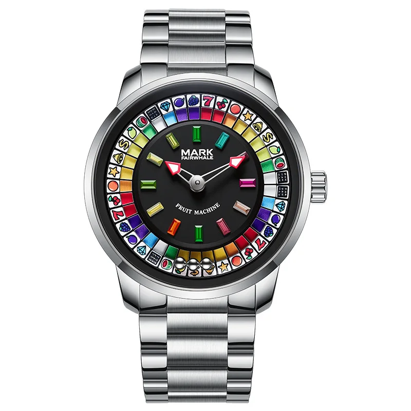 Men's Fruit Machine Quartz Watch with Spinning Wheel Dial Waterproof Round Steel Band Butterfly Clasp Novelty Style