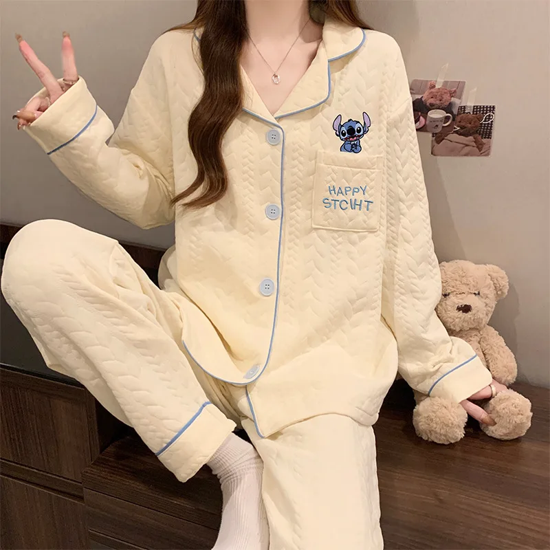 Disney autumn and winter Lucifer cute warm pajamas female Stitch cartoon mezzanine air cotton lapel cardigan loungewear set