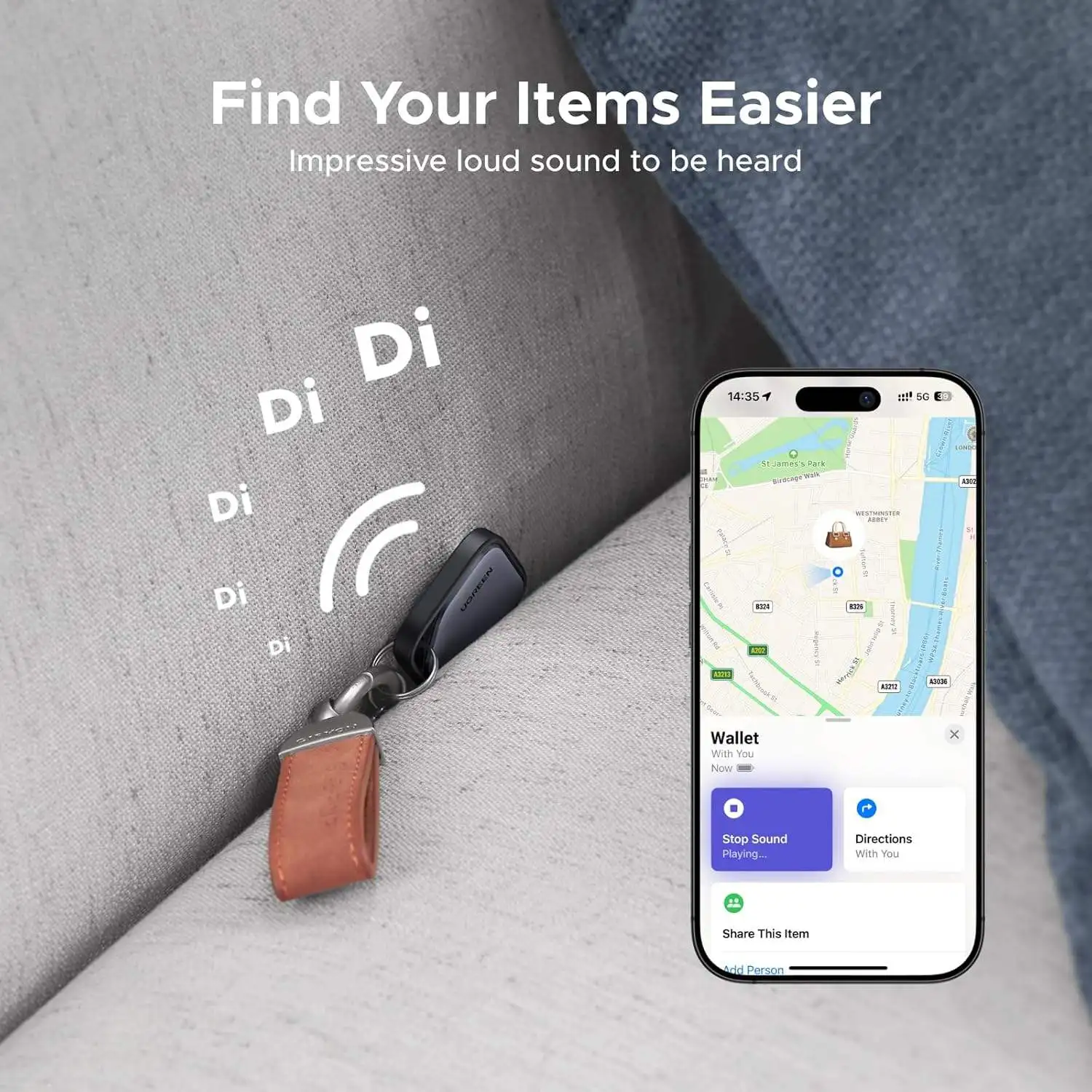 UGREEN FineTrack Smart Finder Compatible with Find My (iOS Only) 2-Year Replaceable Battery Bluetooth Tracker Tags