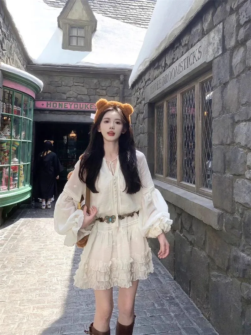 

Hot Girl Casual Lantern Sleeve Dress for Women's Summer Lace-up Slim Fit A-line Short Dress Fashion Female Clothes