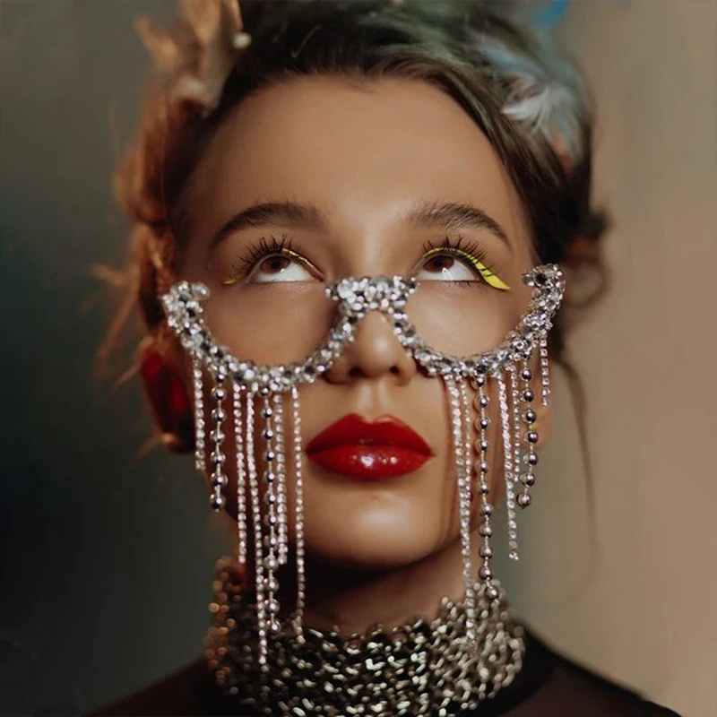 XSBODY Long Tassel Glasses Frame Hight Quality for Women 2023 Fashion No Lens Rhinestone Eyewear Decoration Metal Half Frame
