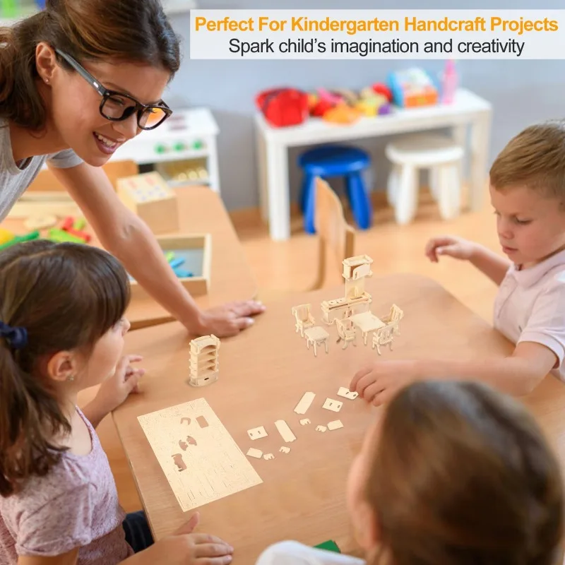 ألغاز أثاث بيت الدمى الخشبية ثلاثية الأبعاد مجموعة نماذج أثاث مصغرة ذاتية الصنع