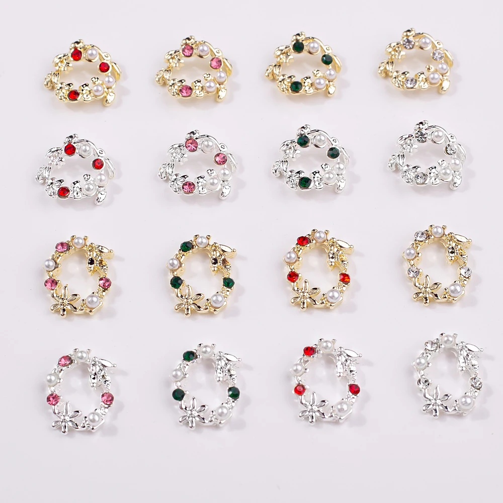 10pcs Garland Bowknot Pearl Zircon Nail Art Charm Rhinestones 3D Christmas Wreath Design Crystals Nail Jewelry Nail Decoration