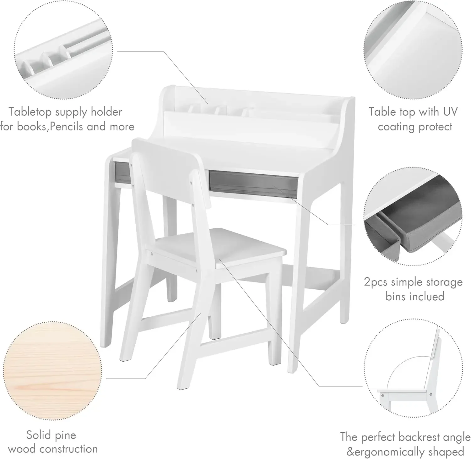 Kids Desk and Chair Set, Study Desk for Kids with Storage Bins, Wooden Children Study Table, Student Writing Desk for Bedroom &