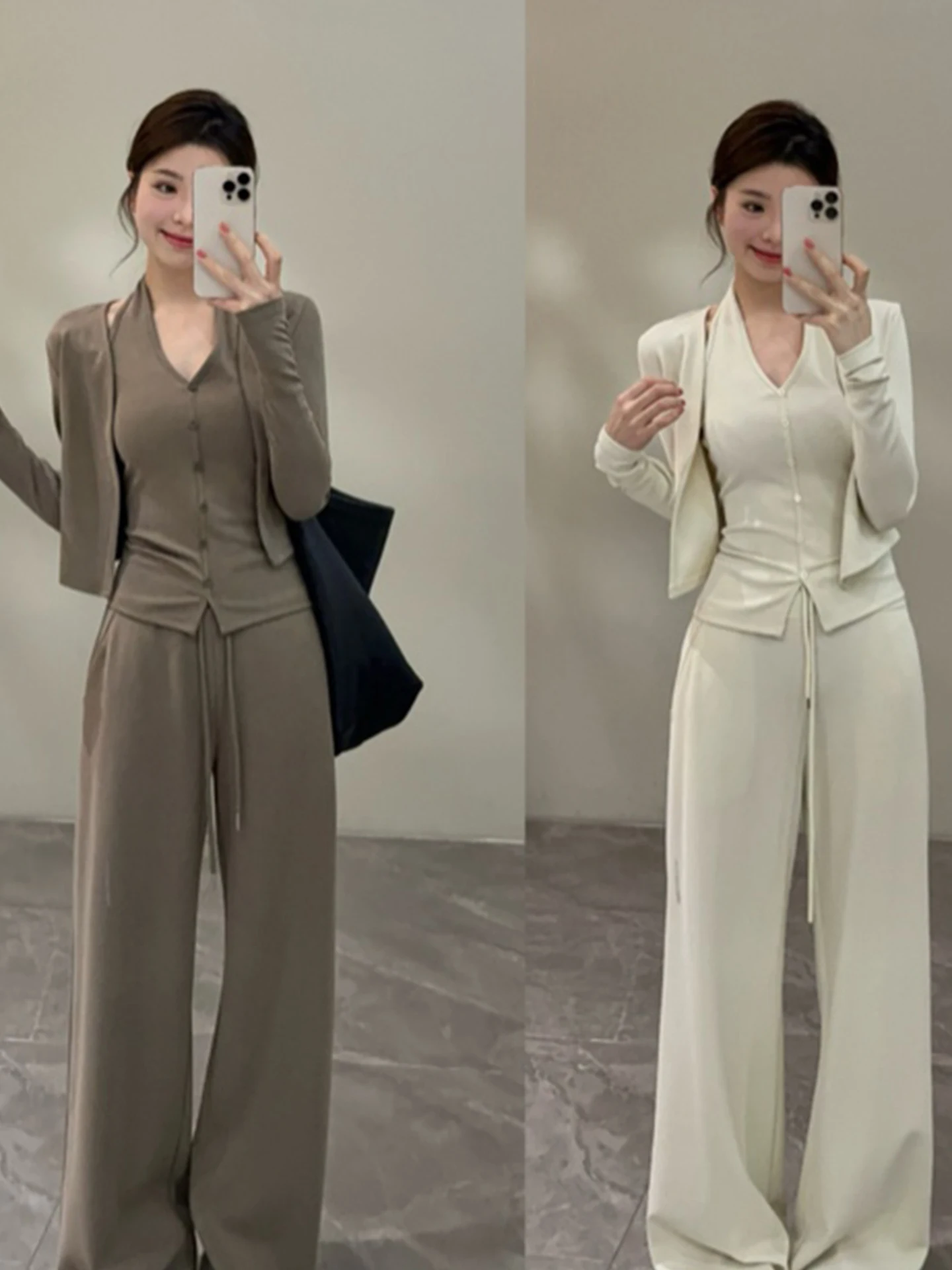 

Song Song Spring Summer New Lazy Slimming Loose Feel Cardigan Strap High Waist Long Pants Three Piece Set DT2009 Fashion Ense...