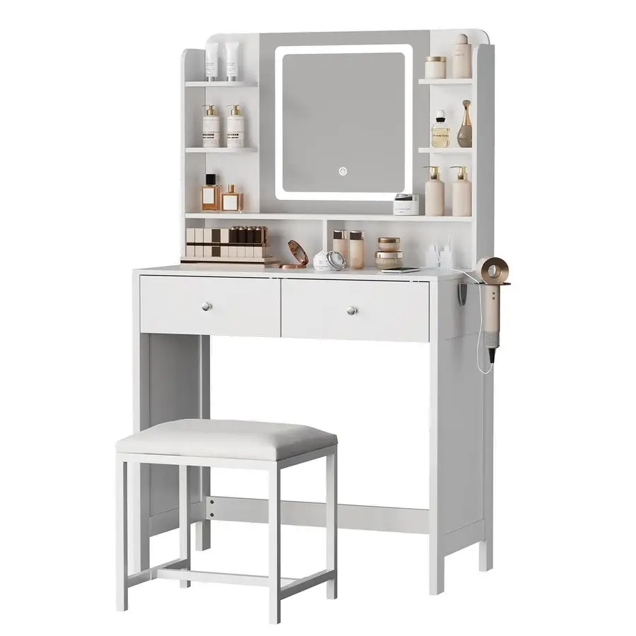 Vanity with Lighted Mirror, 8 Shelves, 2 Drawers, Charging Station, Hair Dryer Holder amp Stool, LED Mirror with 3 Light Modes