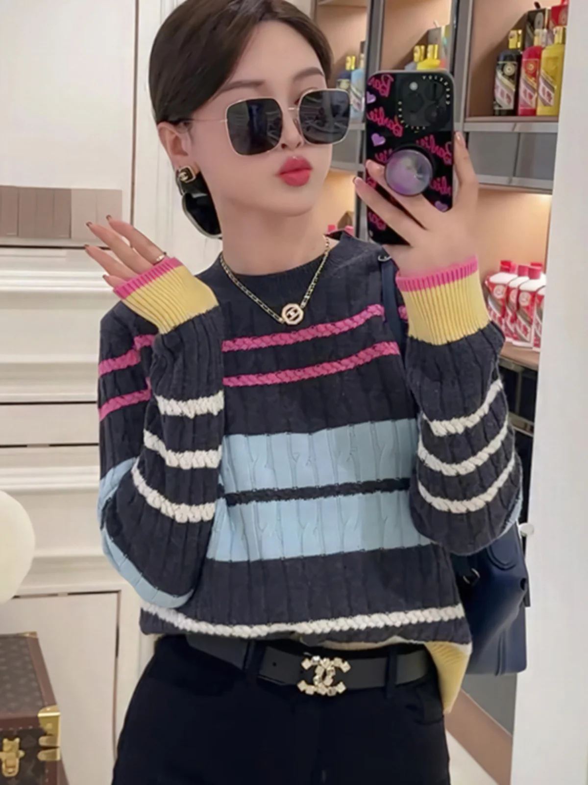 

Женский вязаный свитер свободного кроя с круглым вырезом, в корейском стиле, зимний, модный, в полоску, с цветными блоками, из окрашенной пряжи, с длинными рукавами, шерстяной