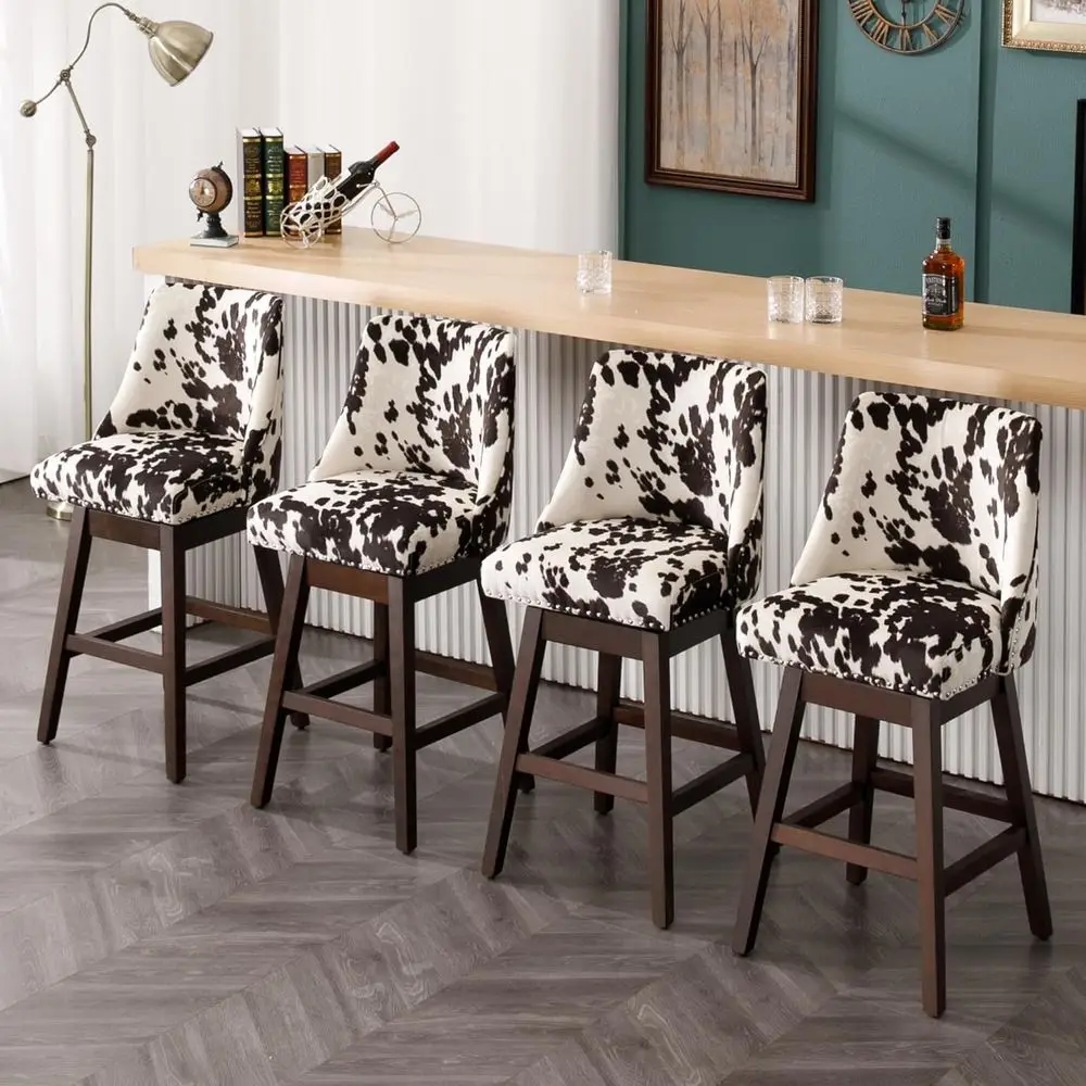

Set of 4 Counter Height Swivel Bar Stools with Upholstered Backs and Wood Legs, Cowhide Print