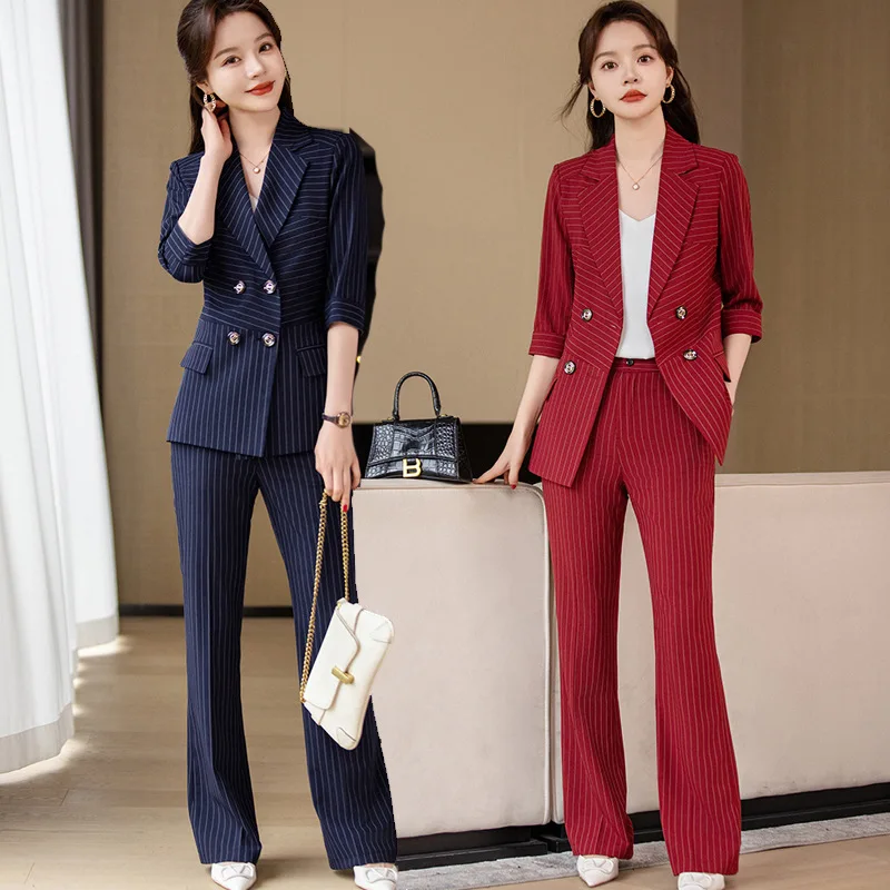 

Casual Striped Suit Coat Women's Spring and Summer Thin Korean Style 3/4 Sleeve High Sense Professional Commute Elegant Outfit