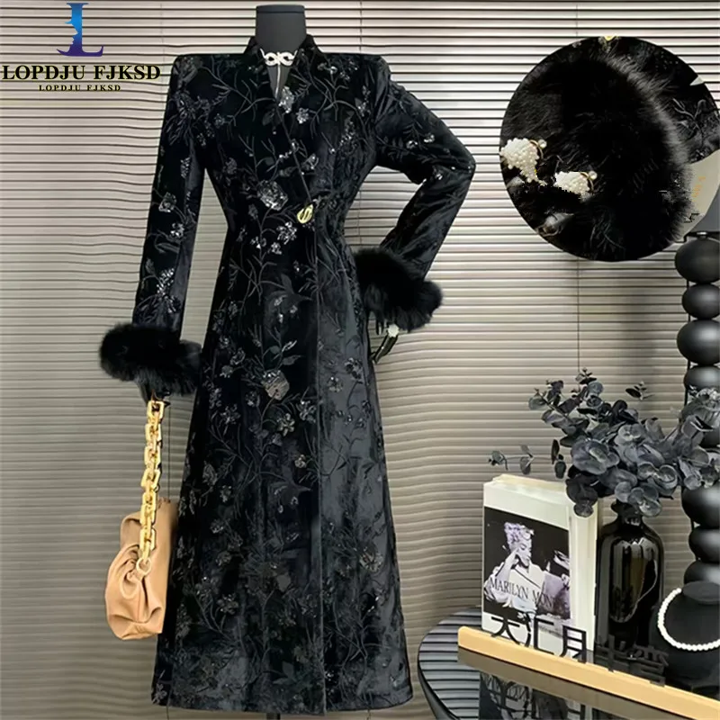 Winter High-End Vintage Floral Embroidery Sequin Jacquard Fox Fur Sleeve Coat Mid-Length Padded Velvet Coat Women
