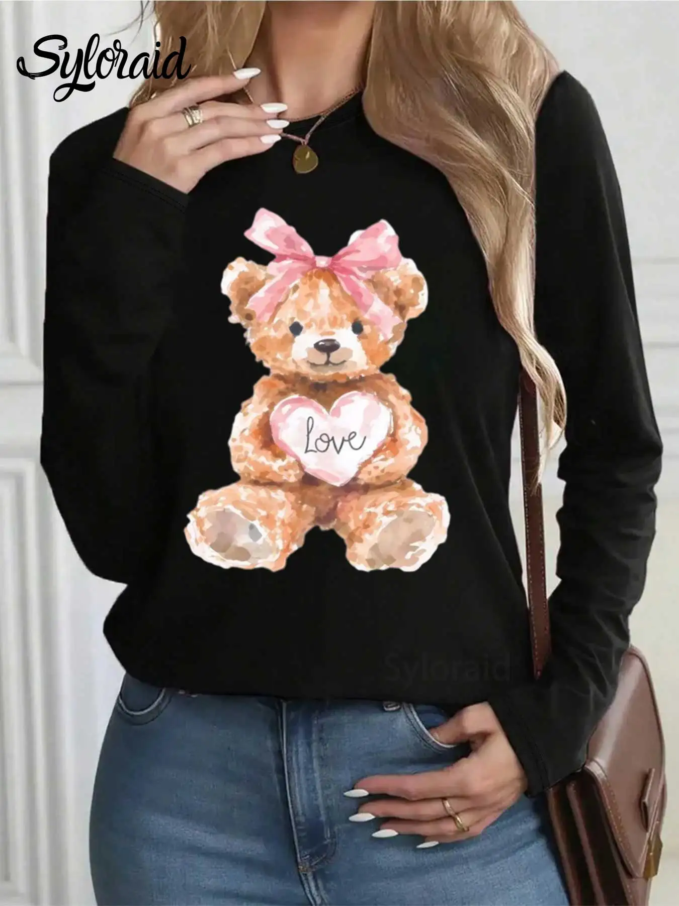 여성용 긴 소매 티셔츠 발렌타인 데이 핑크 러브 베어 프린트 티셔츠 패션 라운드 넥 캐주얼 탑