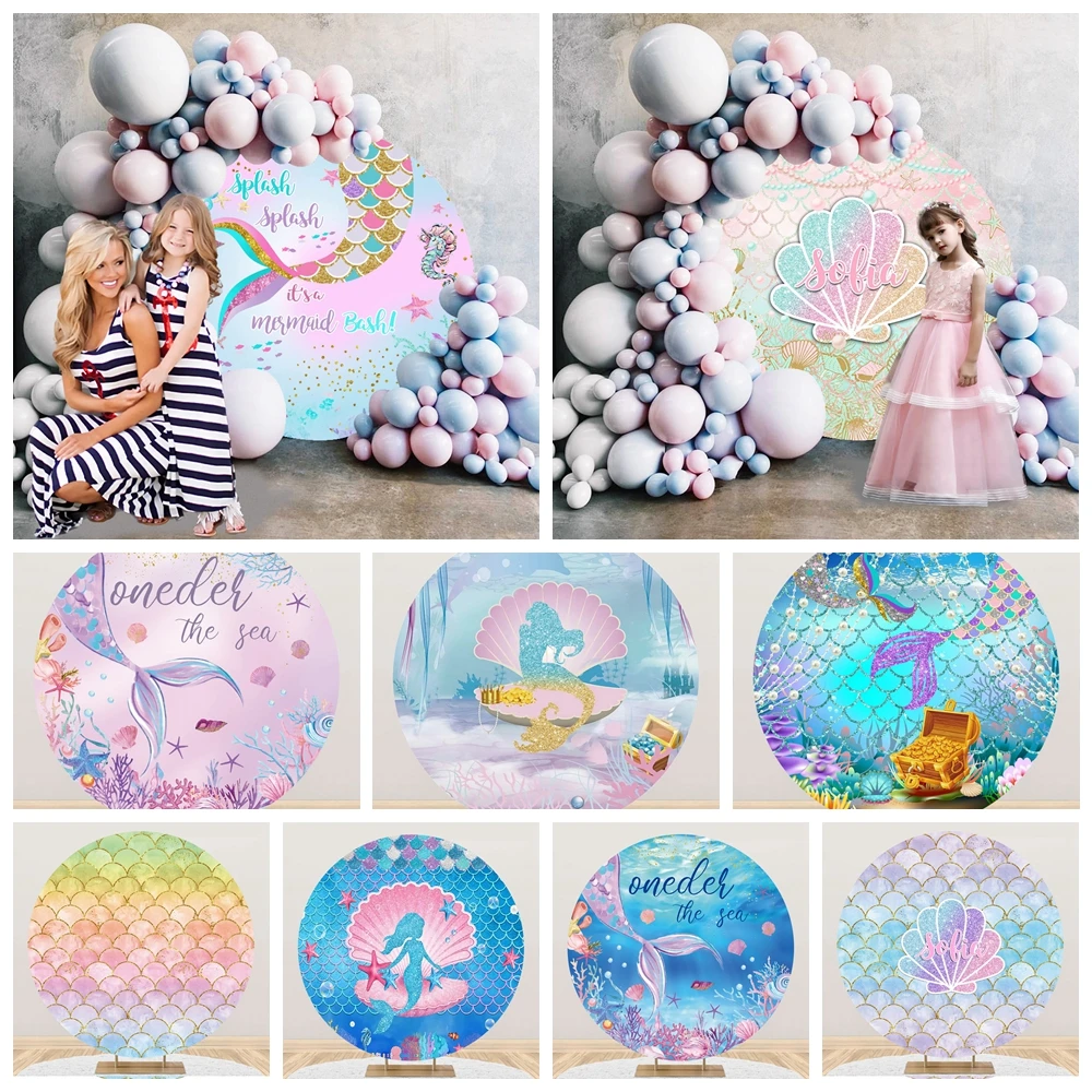 

Mermaid Circle Background Photography Scales Baby Birthday Party Round Elasticity Backdrop Underwater World Kid Photo Studio