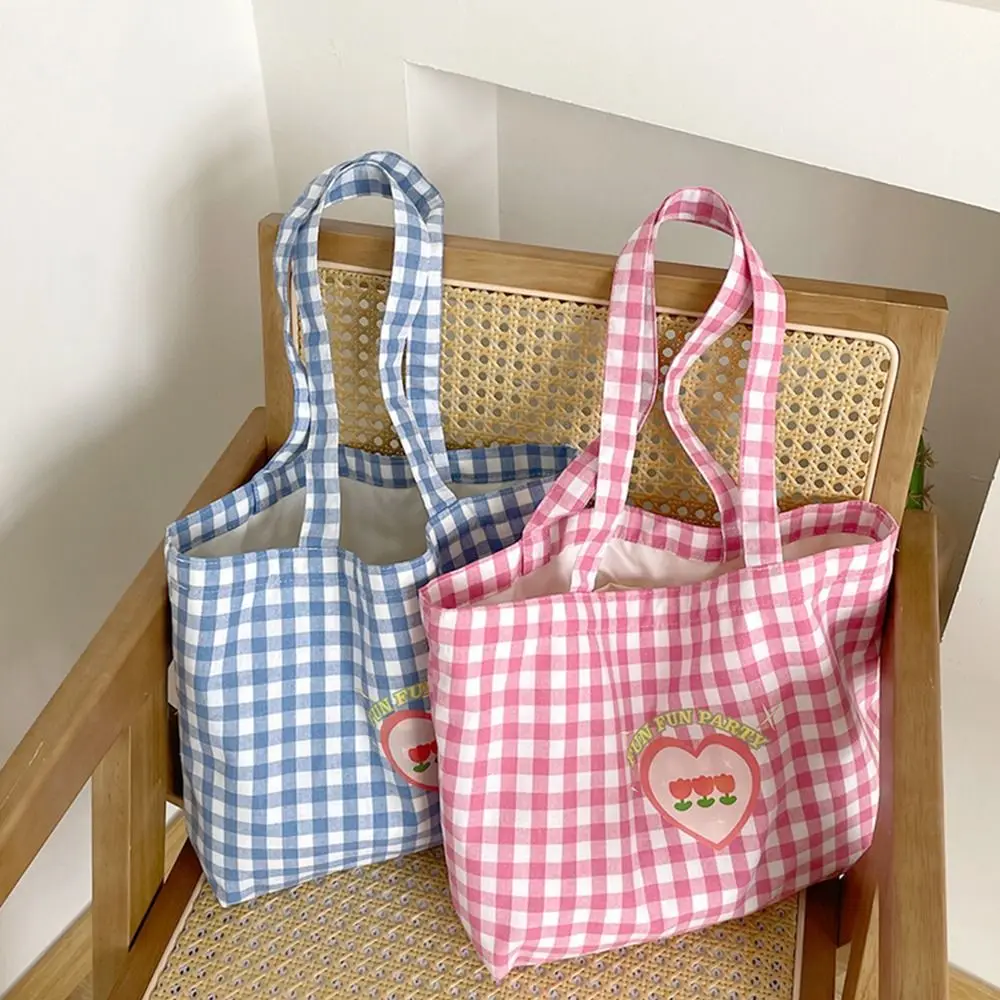 Fresh Color Plaid Canvas Bag Korean Style Solid Color Vacation Tote Bag Lightweight Eco Bag Office Worker Tote Shoulder Bag