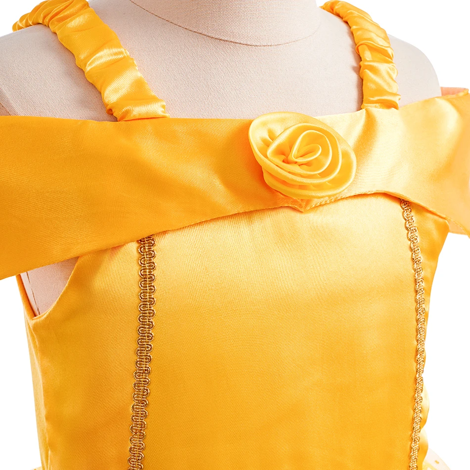 Kostum Putri Anak-anak Gaun Cosplay Belle Kuning Anak Perempuan Pakaian Pesta Pertunjukan Ulang Tahun Karnaval Halloween Anak-anak