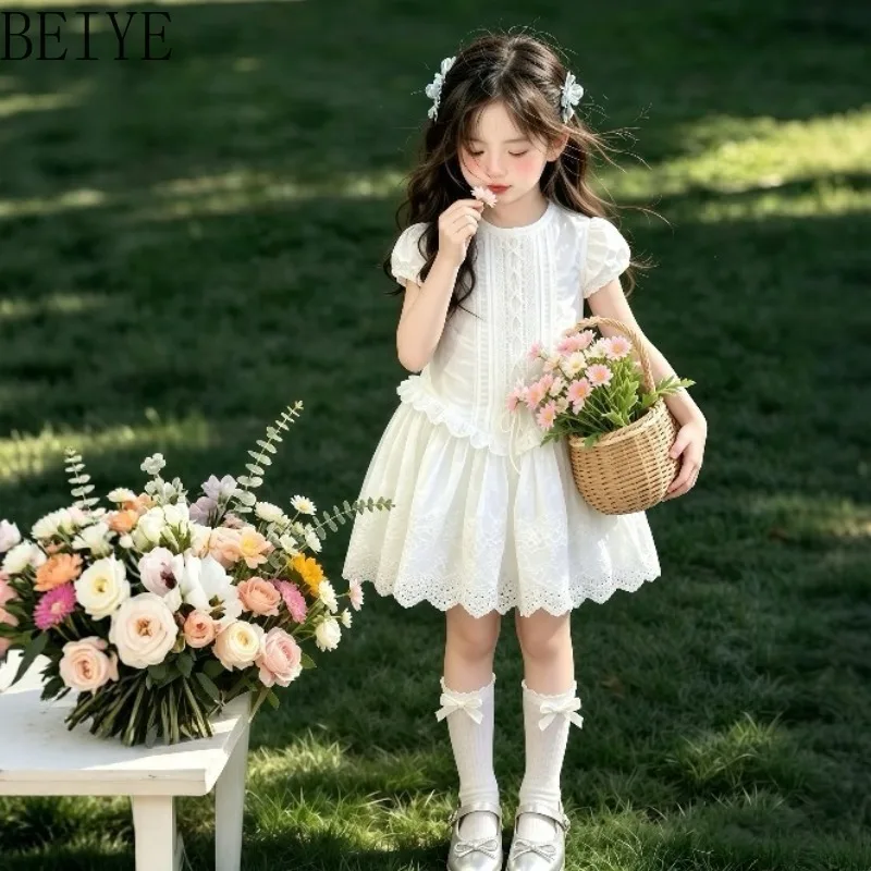 Girls White Lace Hollow Dress Puff Short Sleeve Ruffle Embroidery Flowy A-Line Dress Kids Daily Outdoor Photo Princess Outfit