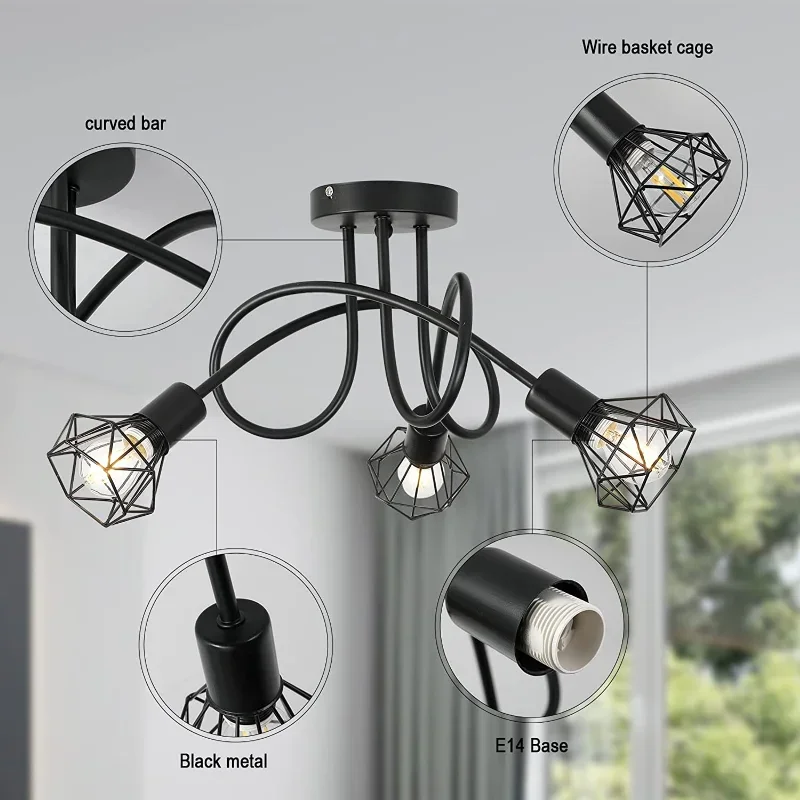 Modern LED Chandelier Ceiling Hanging 3 Heads Black Grille Wrought Iron Droplight for Bedroom Lighting for Living Room