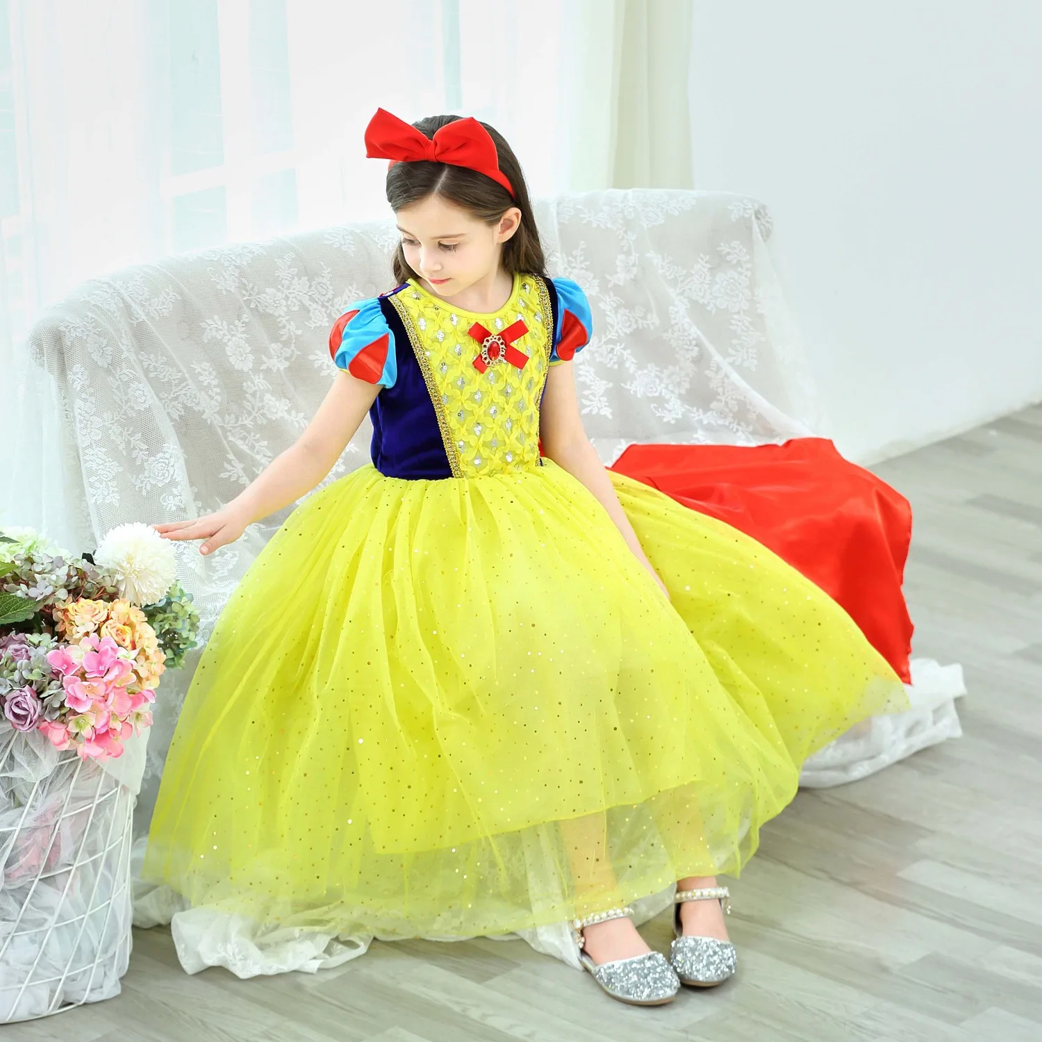 Girls Halloween Cosplay Dresses Sequin Style Princess Dress Costume With Cloak for Kids Party Or Christmas Outfit for Children