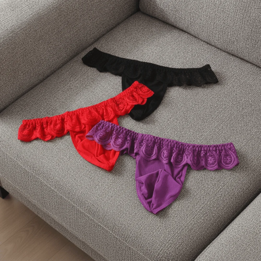 Comfortable Low Waist Men's Lace Thongs Underpants Thin Men's Mesh Lace Panties T-back Ruffle Belt Male Briefs Summer