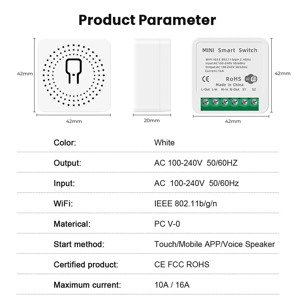 Interruptor WiFi Mini de 16A con Control Bidireccional, Compatible con la Aplicación Tuya Smart Life, Módulo Inteligente para el Hogar, Funciona con Alexa y Google Home