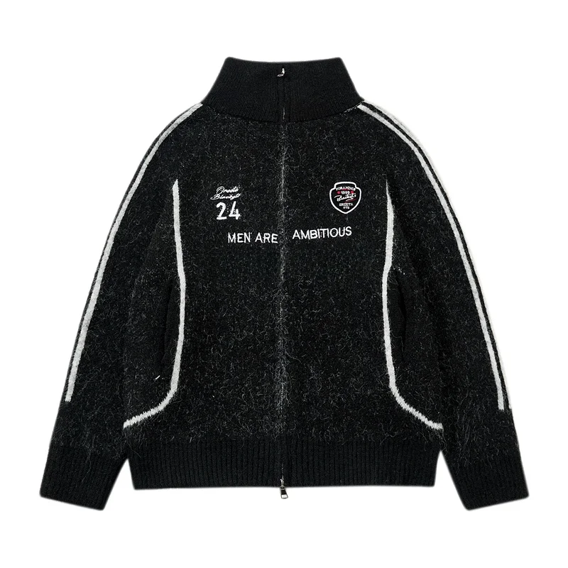 

Вязаный кардиган-свитер в американском ретро-стиле с вышивкой, на молнии, для мужчин и женщин, повседневный, из полиэфирного волокна