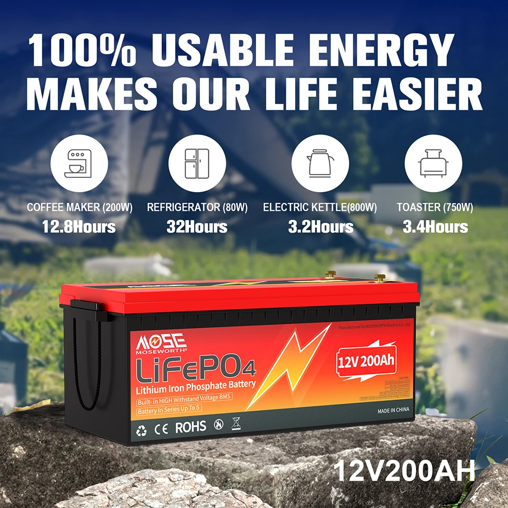 12V 200Ah LiFePO4 Battery With 4S 200A BMS Rechargeable Deep Cycles Lithium Battery 12V For Home RV Off-Grid Off-Road Solar Boat