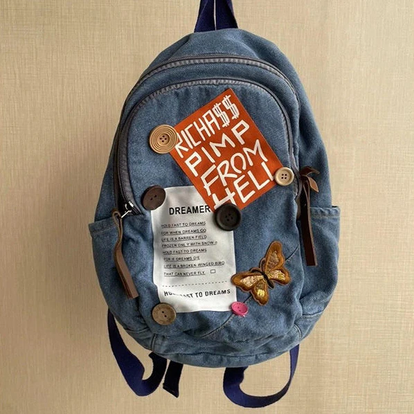 American Retro Buttons Collage Letter Cute Mini Backpack Student Schoolbag Storage Bag Kawaii Y2k Handbag Cowboy Book Bag