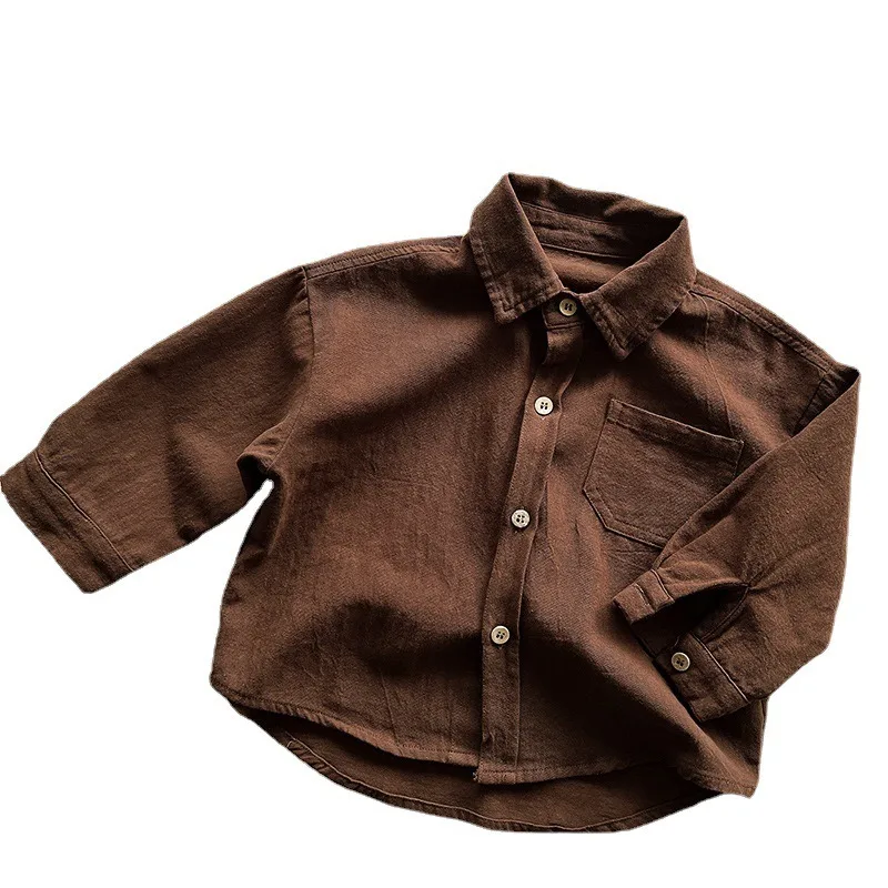 Kids Solid Cotton Shirt Lapel Long Sleeve Pocket Design Loose Casual Blouse Boys Girls Outerwear