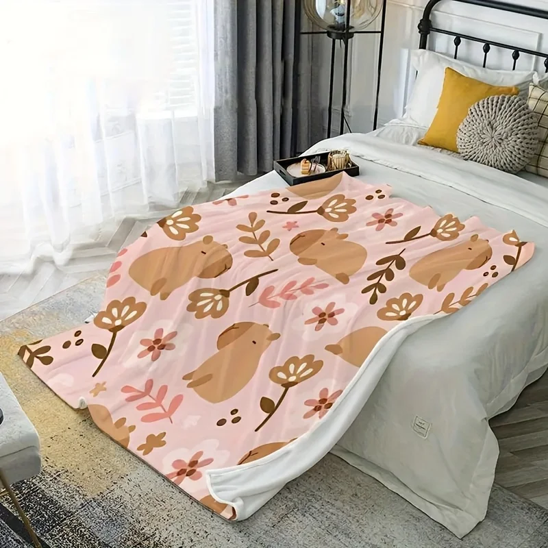 Comfortable Capybara and Floral Print Flannel Blanket - Soft and Suitable for All Seasons, Essential for, Sofa, Camping, and Tra