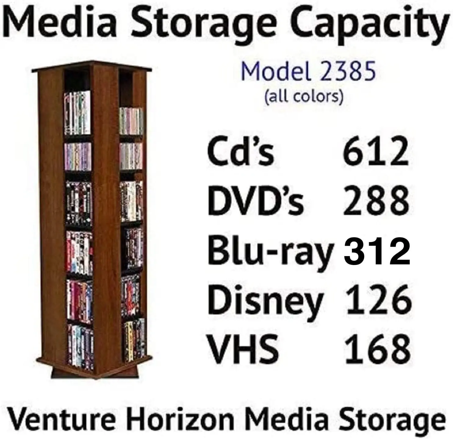 Revolving Media Tower 600 Walnut, 4-Sided Media Storage Spinner Revolves 360 degrees 16