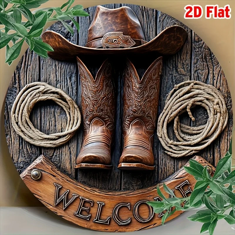 2D Flat, 2D Flat 1pc, Vintage Classic Cowboy Welcome Sign - 2D Round Aluminum Wall Art, Multipurpose Metal Decor for Home, Offic